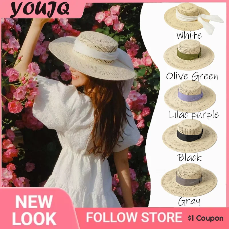 

Women's Openwork Flower Woven Large Brimmed Straw Hat Spring and Summer Hand Woven Wide Ribbon Bow Papyrus Flat Top Beach Hat
