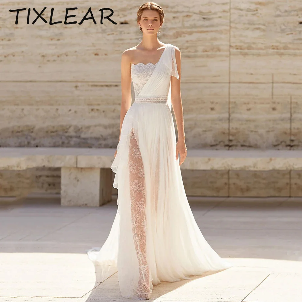 

TIXLEAR A-line Wedding Dresses for Women BOHO Sexy One Shoulder Lace Appliques Side Slit Illusion فستان حفلات الزفاف váy cưới