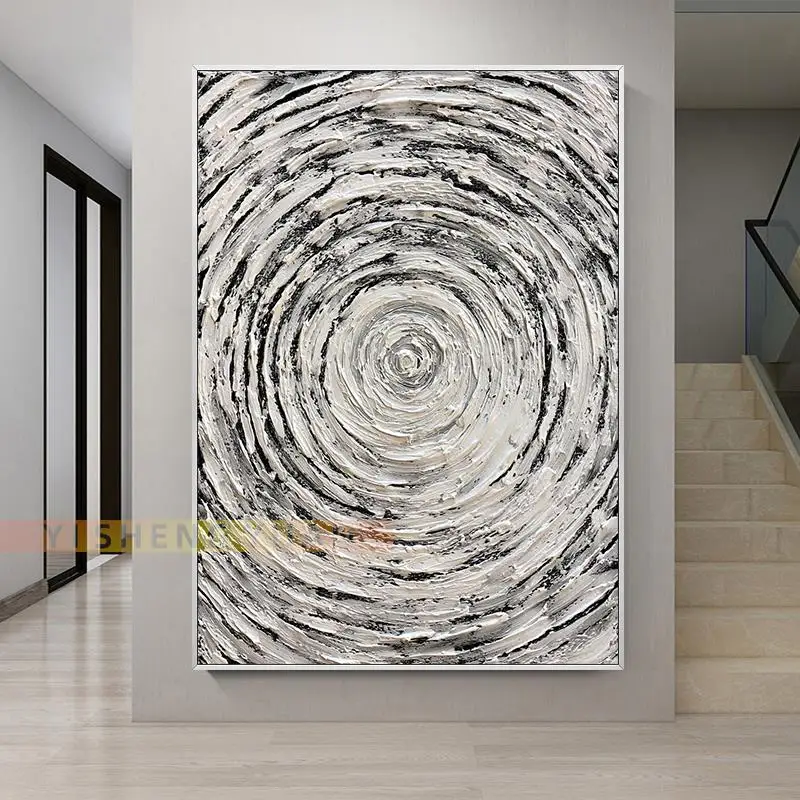 

Hand Drawn Black White Abstract Oil Painting Circle Texture On Canvas Living Room Restaurant Home Decor Wall Art Mural Frameless