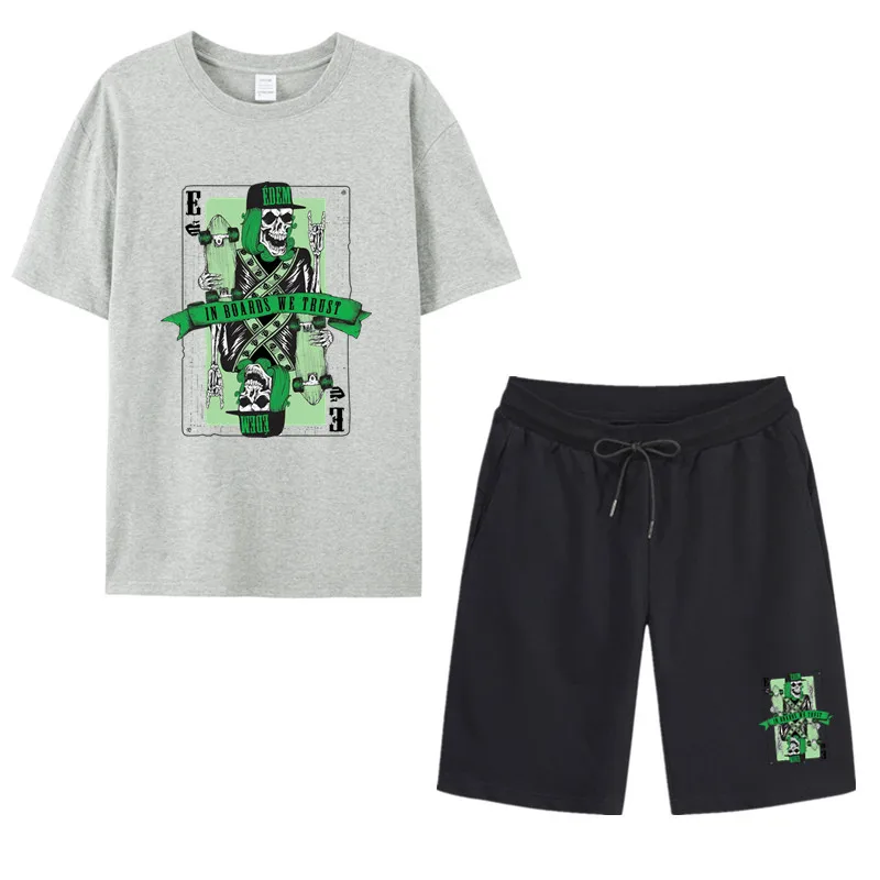 

Новинка, спортивный костюм унисекс, хлопковые футболки и спортивные шорты, тренировочный костюм, летний мужской повседневный костюм с круглым вырезом