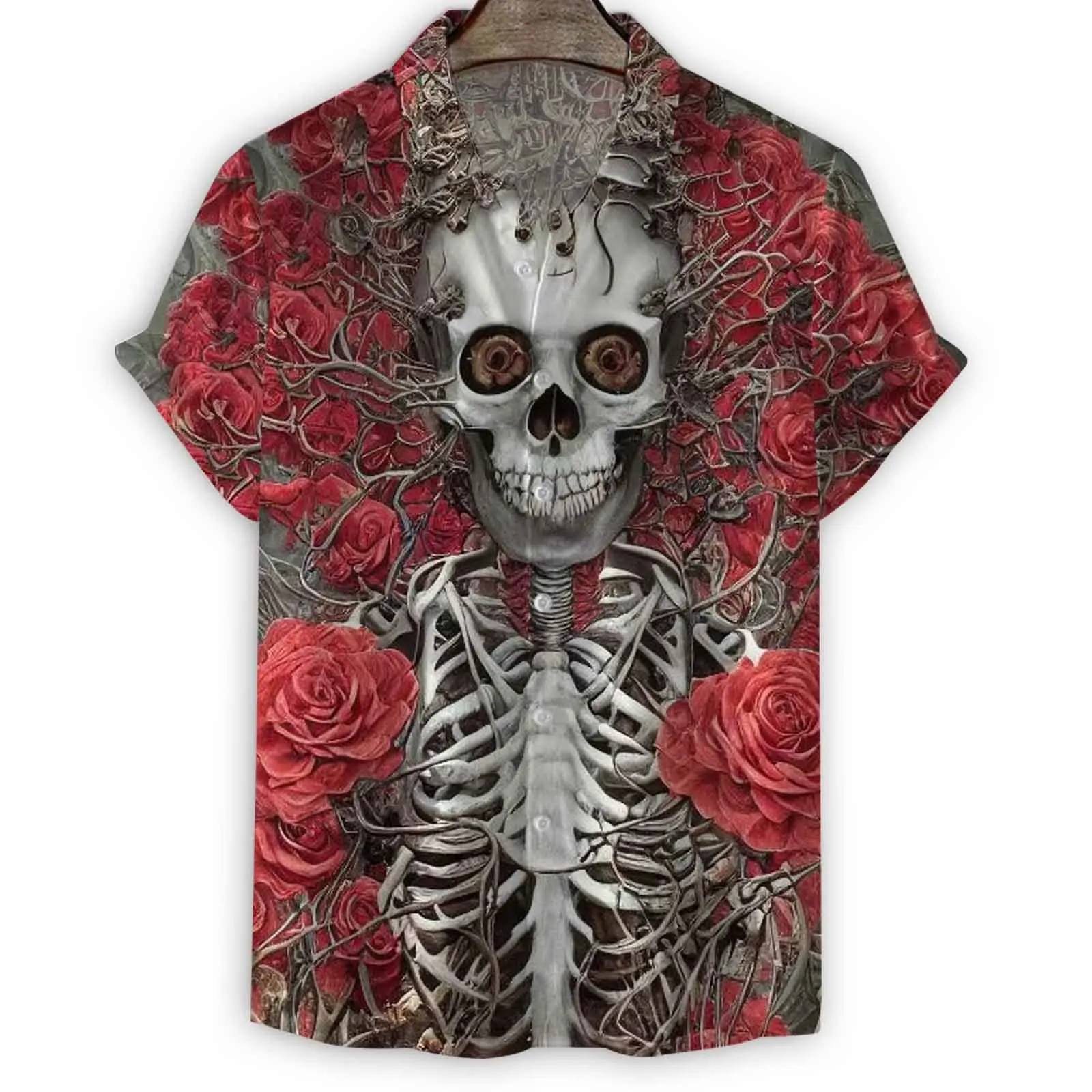 

2024 summer Europe and the United States shirt fashion trend men's shirt 3D skull rose print top