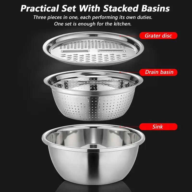 

3PCS Multifunctional Stainless Steel Kitchen Graters Vegetable Slicer Vegetable Cutter Drain Basket Set Fruit Drain Basin