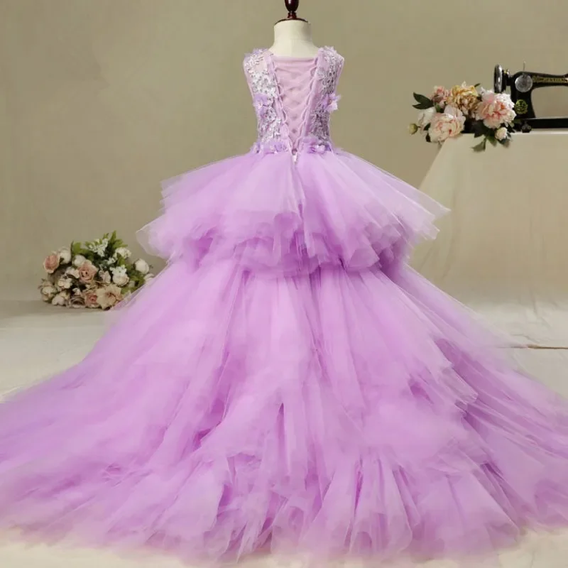 Elegant Long Trailing Appliques First Communion Dress Purple Tulle Ball Gown Kids Pageant Gown Flower Girl Dress for Weddings