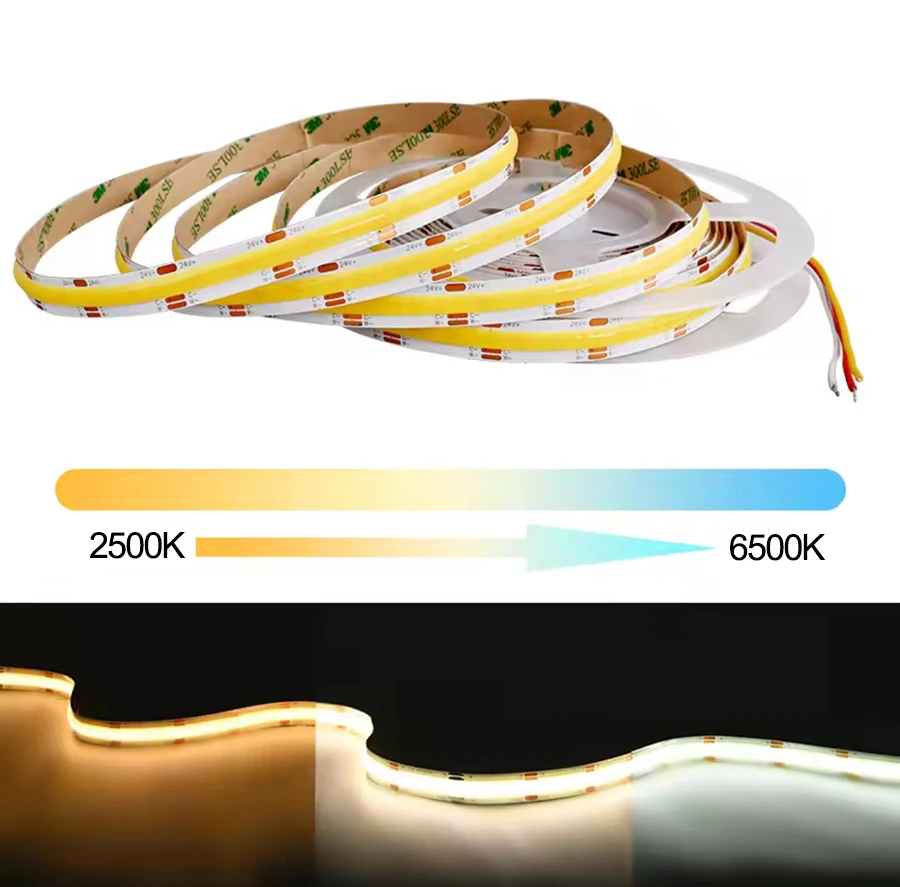 5M 12V 24V 5mm FCOB CCT LED 스트립 조명 2선 600 LED/m 고밀도 플렉시블 3000K6500K 디밍 가능 실내 장