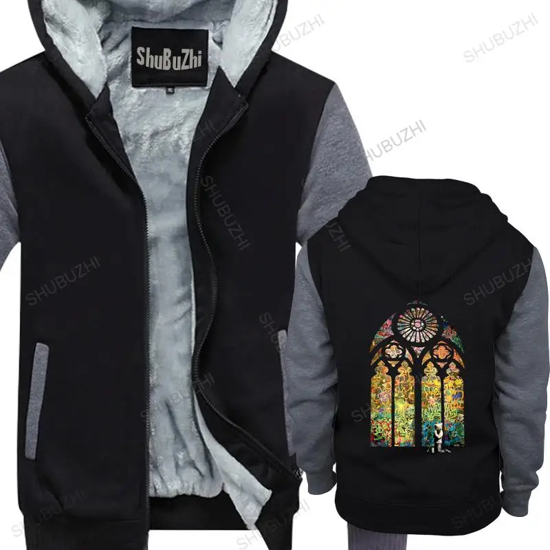 

men winter warm black hoody Banksy Stained Glass Window Mens jacket graffiti art urban art male thick hoodies euro size