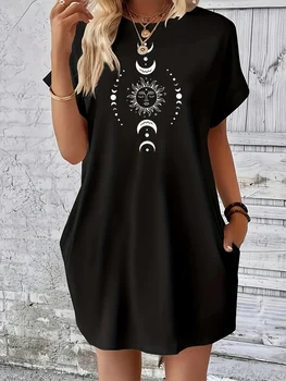 Ladies' summer loose sun moon planet pattern printed round neck short sleeved pocket comfortable casual plus size dress 1