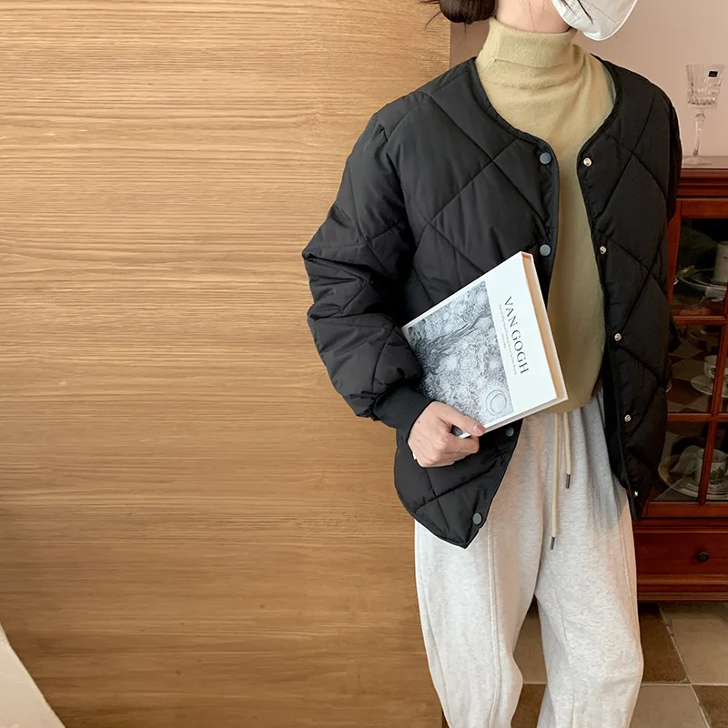 Women's Spring and Autumn New Down Cotton Suit Women's Short Lightweight Collarless Japanese Diamond Plaid Casual Jacket