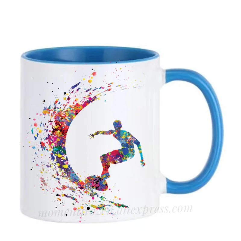 

Акварельные чашки для серфинга, катания на лыжах, скейтборде, кофейные кружки, кафе, кофеин, какао, чай, подарки для друзей, посуда, посуда для кофе