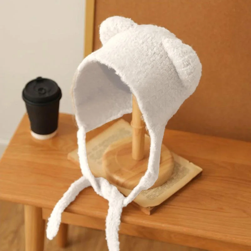 1PC Bear Wool Knitted Earflap Fur Winter Hat