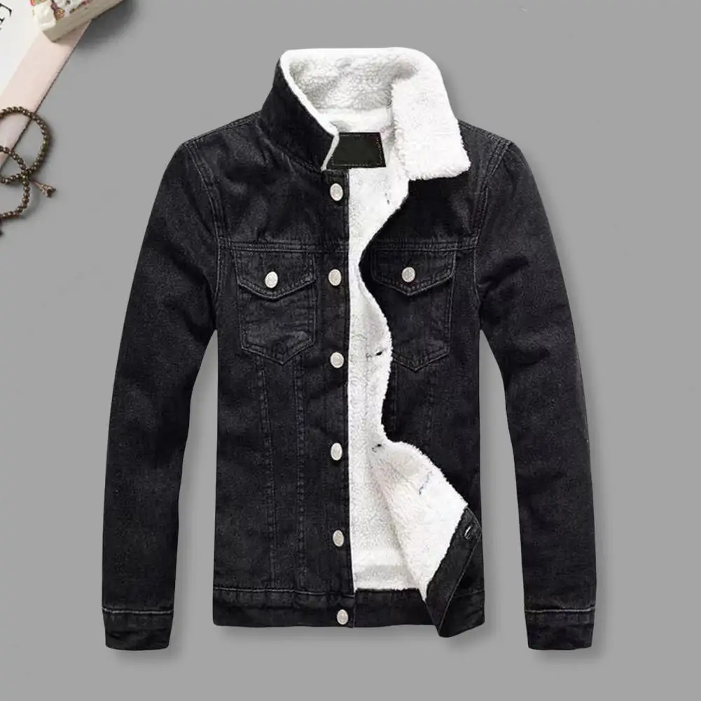 

Мужская джинсовая куртка, однотонная приталенная куртка с воротником-стойкой, утепленная плюшевая подкладка, защита для шеи, на осень