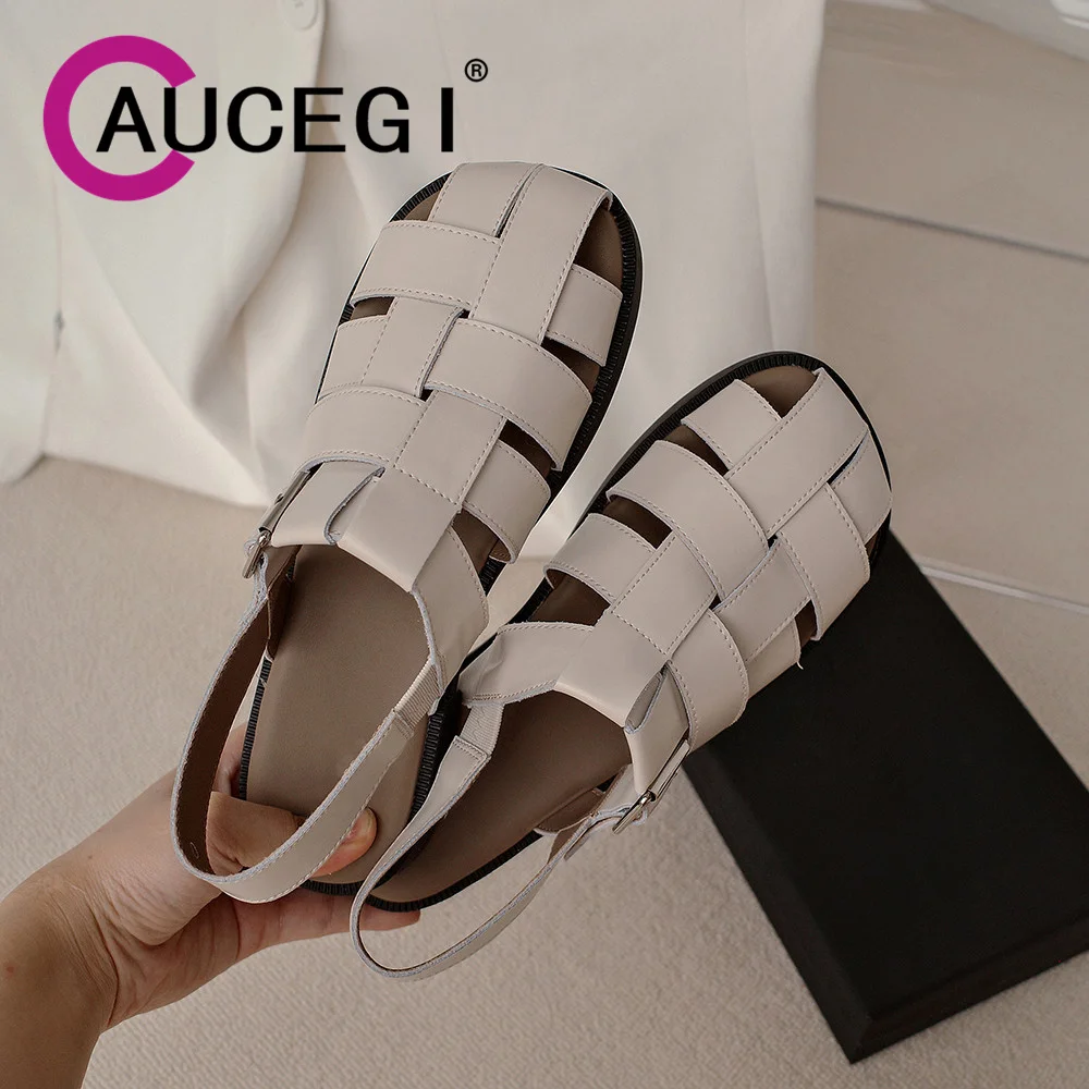 

Aucegi Women Quality Leather Gladiator Low Heels New Summer Sandals Round Toe Buckle Narrow Band Woven Casual Handmade Footwear