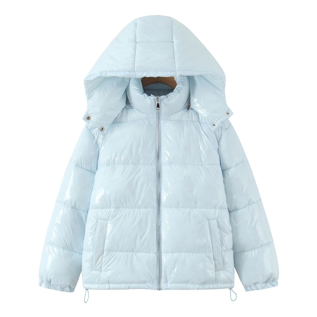 New Winter Fashion Women Bright Light Blue Zipper Up Bread Parka Coat Woman Stand Collar Removable Hooded Long Sleeve Outerwear