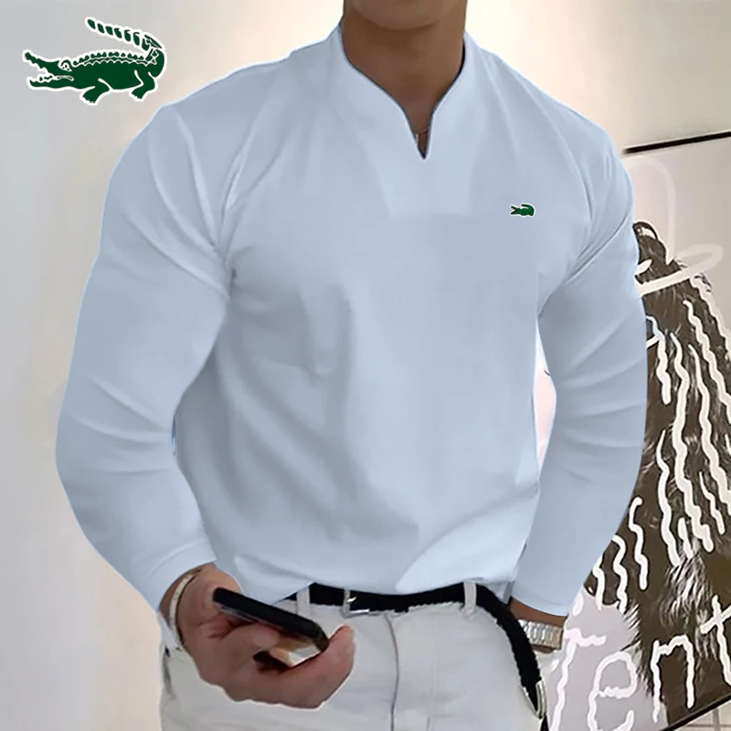 

High quality men's autumn new pure cotton T-shirt shirt Business casual sports V-neck long sleeved T-shirt shirt top S-5XL