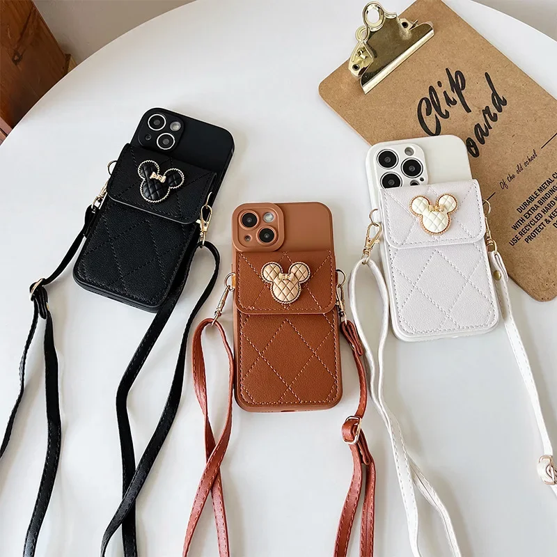 Cartoon Diamond Leather Wallet Soft Case with Lanyard Cover