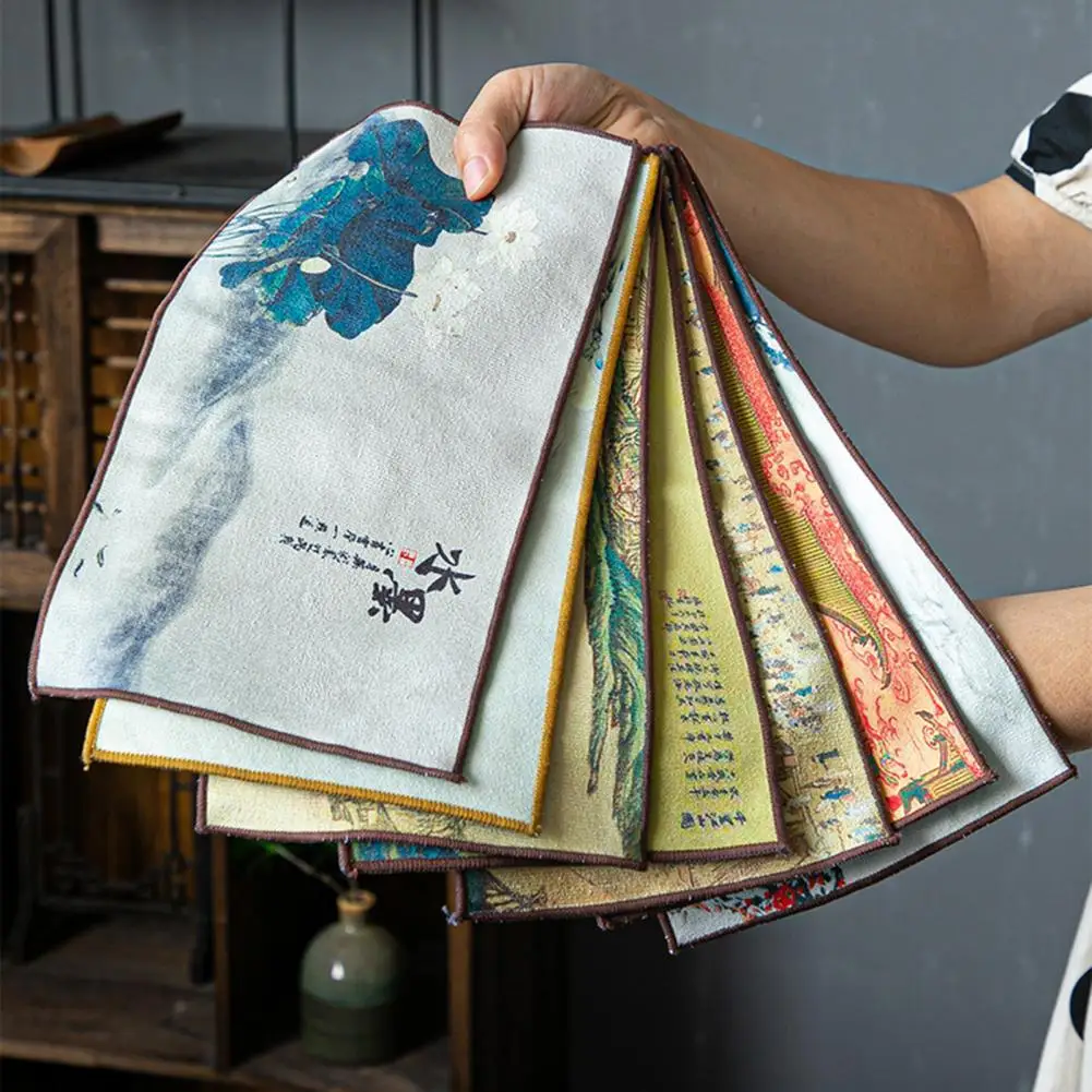Tea Towel Chinese Painted Tea Towel Absorbent Rag Cotton Flax Table Cleaning Cloth Tea Cloth Household Dish Cleaning Wipe