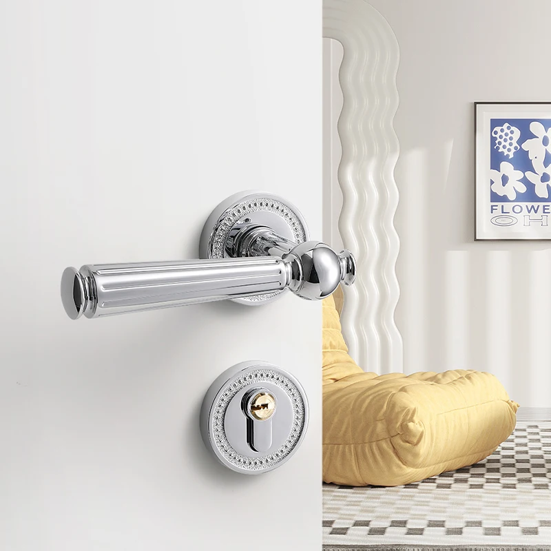 Indoor Bright Silver Split Cream Style Set Simple American French Bedroom Silent Handle Wooden Door Lock