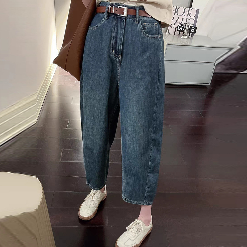 2024 Spring/summer High Waist Jeans for Women Blue Washed Casual Pants Korean Minimalist Patchwork Jeans Women's Clothing