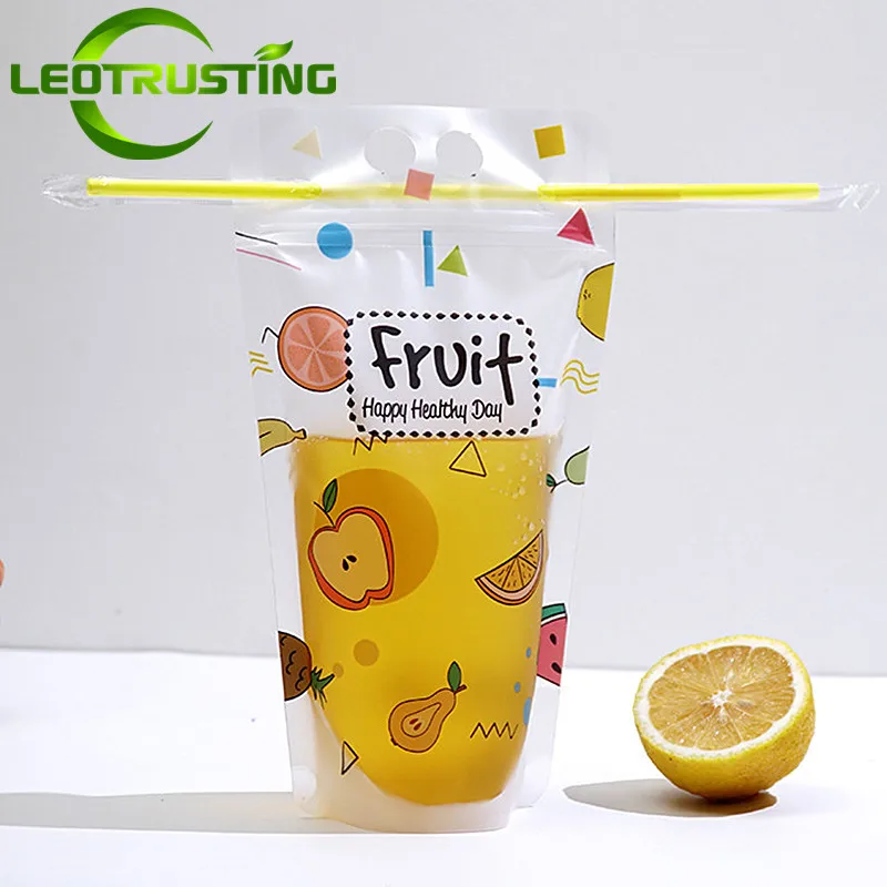Portable 100pcs Bags+straws Frosted Plastic Drinking Beverage Bags