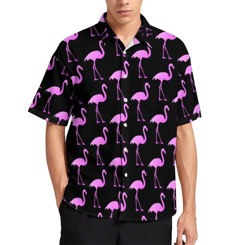 Birds Flamingo Parrot Hawaiian Shirts For Men 3D Printed Vacation Beach Shirt Trendy Short Sleeve Lapel Blouse Streetwear