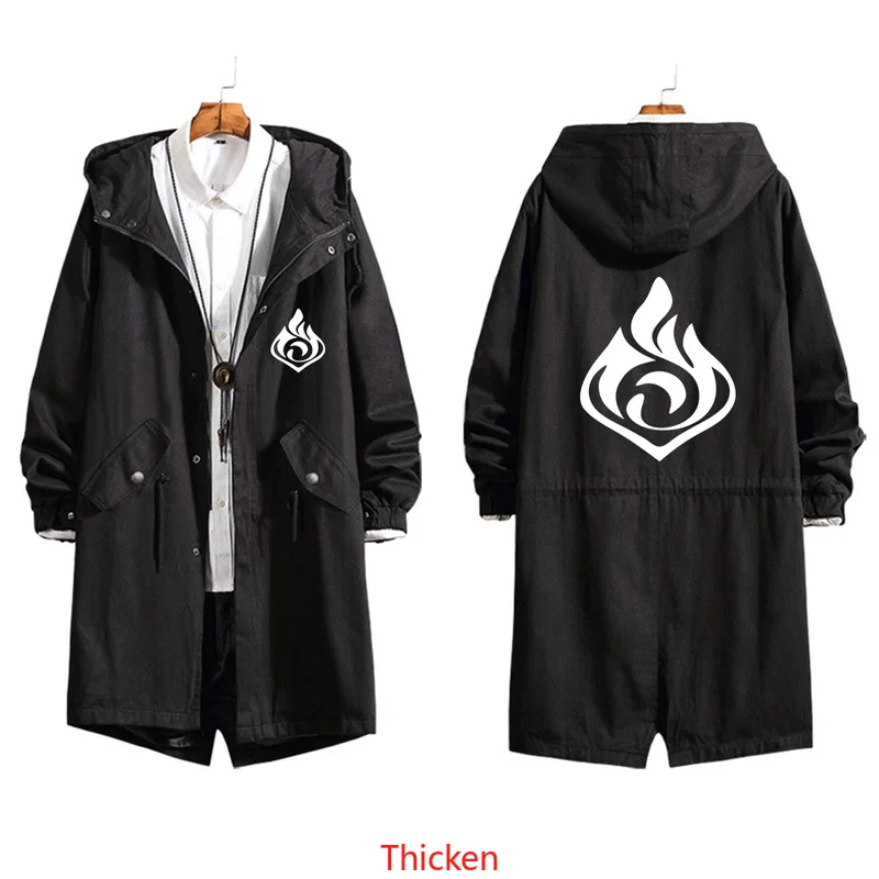 

Anime Game Genshin Impact Eye of God Seven Elements Trend Overcoat Black Green White Logo Thick Autumn/Winter Trench