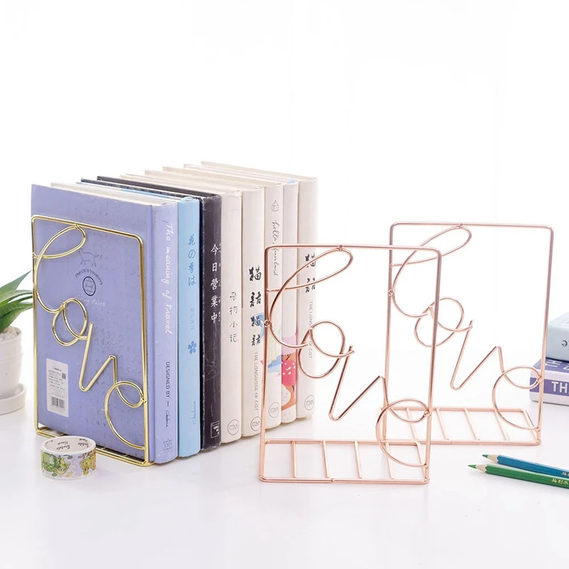 

2pcs/set Creative Love Shaped Metal Bookends Desk Storage Holder Shelf Book Organizer Stand