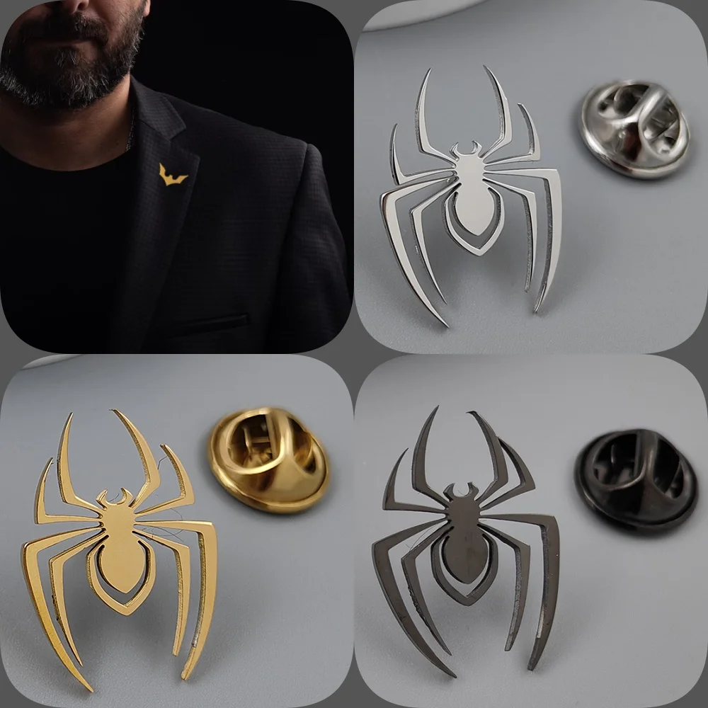 Spider Gold Plated Badge, Black Men's Collar Brooch, Lapel Pin Black, Halloween Gift, Suit Accessories Set