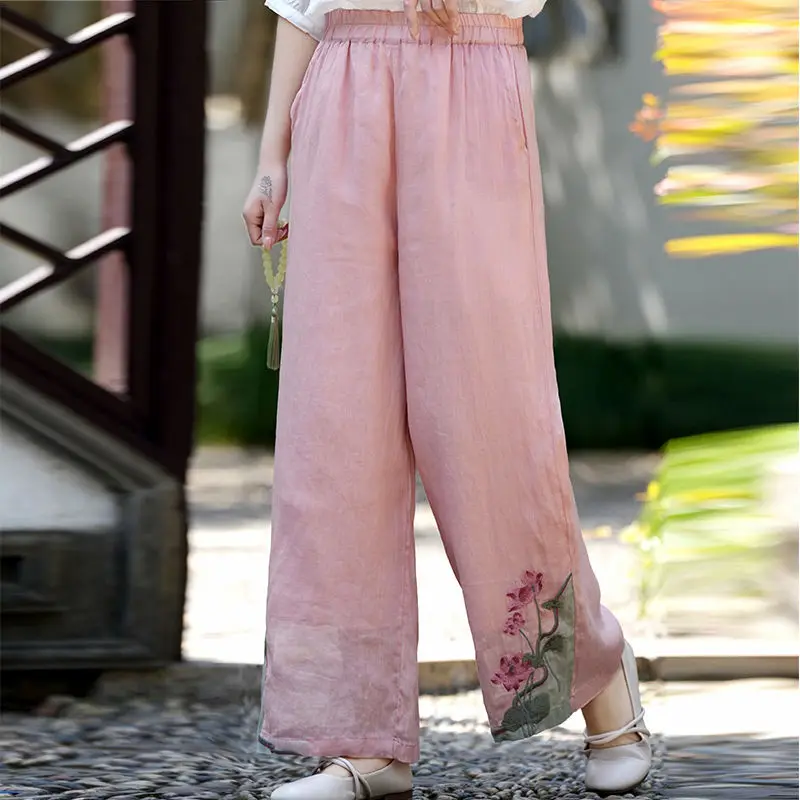 2024 Summer New Chinese Style Pants Women's Solid Color Elastic High Waist Thin Embroidery Casual Retro Loose Wide Leg Trousers