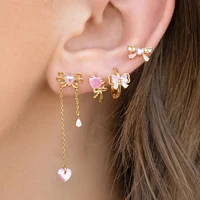MIGGA 4pcs Sweet Pink Bowknot Stud Earrings Set for Women Girls Gold Color Cubic Zircon Jewelry 1