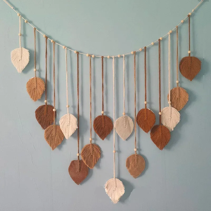 Boho Macrame Leaf Feather Wall Hanging for Living and Bedroom Decor