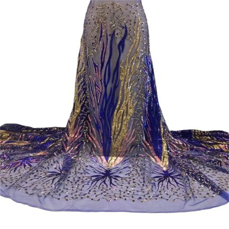 

African Lace Fabric Royal blue/Gold High Quality French Mesh Lace Fabric With Sequins Nigerian Lace Fabrics For Wedding Dress