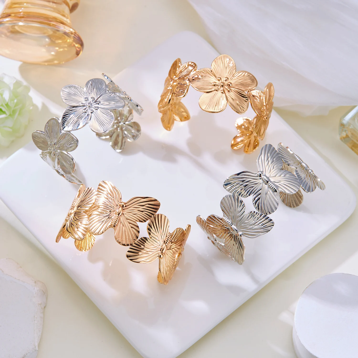 High Quality Metal Flower Cuff Bracelets For Women Silver Color Gold Plated Butterfly Chunky Bangles Boho Vintage Punk Jewelry 2