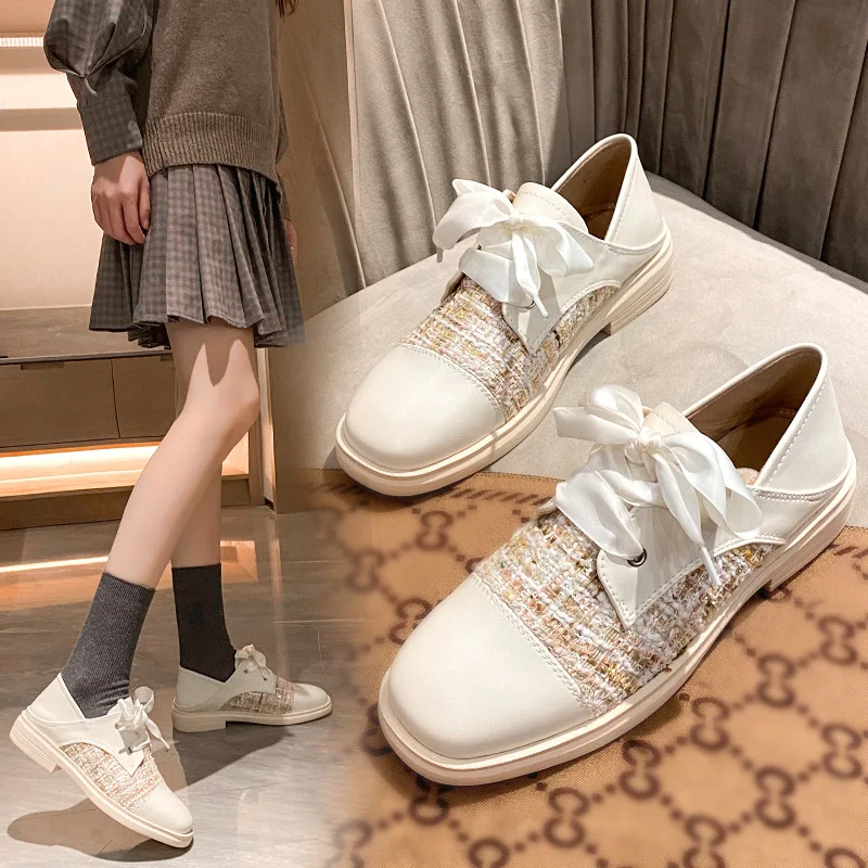 

Tweed Oxford Shoes for Women Silk Bowknot Penny Shoes Lace Up Casual Lace Up Ladies Moccasins Loafers Zapatillas Mujer Big Size