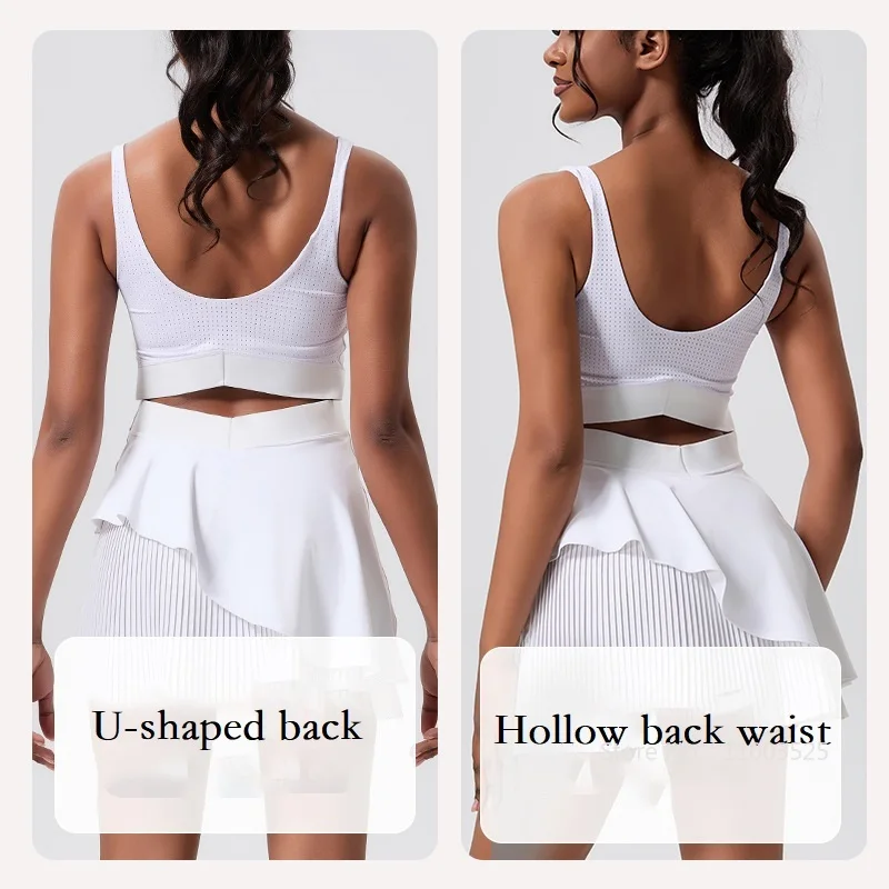 Tennis Dress Women Sleeveless Push Up Padded Sport Dresses Training Running Fitness Hollow Skirts Pleated Slim Badminton Suit