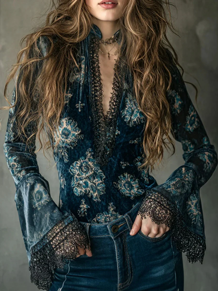 Sexy Velvet Boho Embroidered Blouse Main Look