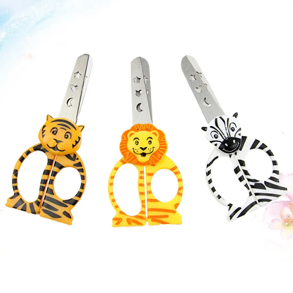 3Pcs 학생용 가위 사랑스러운 얼룩말 호랑이 사자 디자인의 가위 교실용 안전 가장자리 정밀 절단 도구
