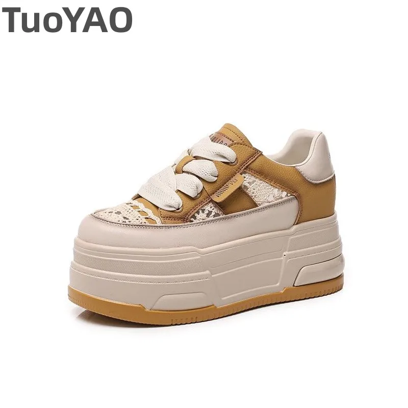 

8cm Air Mesh Genuine Leather Chunky Sneakers New Spring Breathable Women Summer Hollow Comfort Vulcanized Platform Wedge Shoes