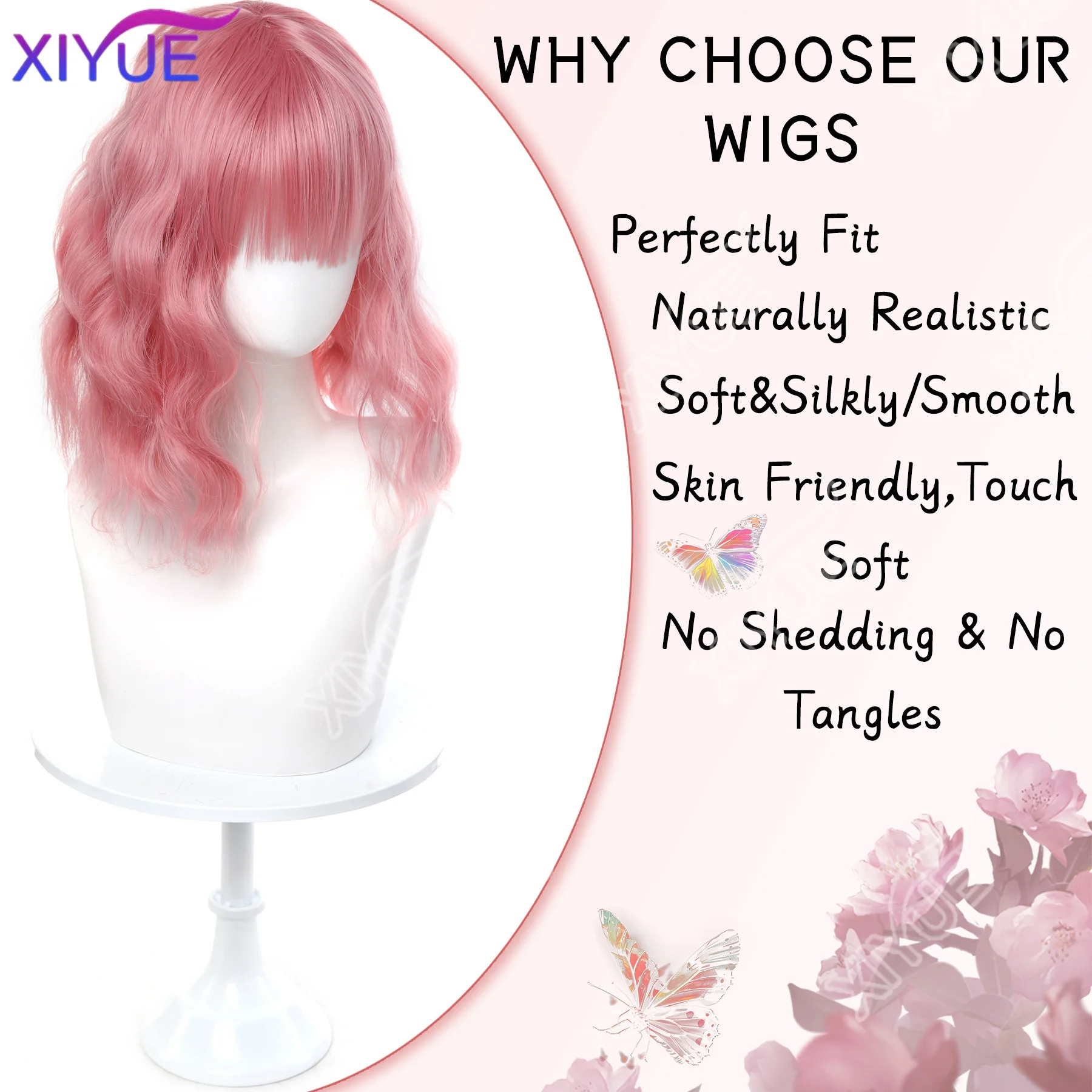 XIYUE Natural Brown Synthetic Curly Wavy Bob Wig with Bangs for Women cosplay wigs pink/black/blue/purple/red brown wig