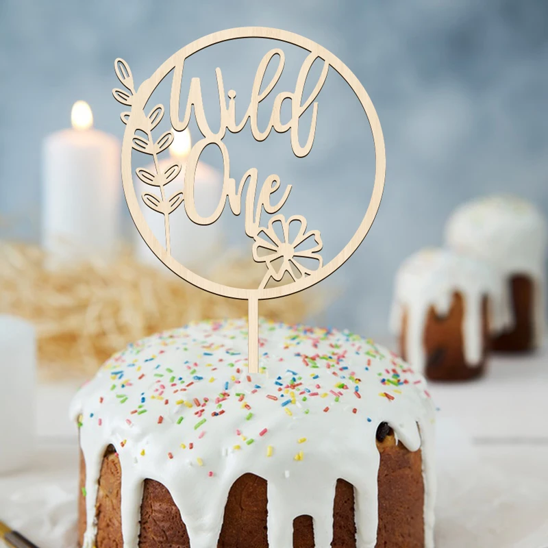New Wooden Birthday Happy Cake Topper Wild One Party Cake Toppers Jungle Theme for Baby Shower Year Old Dessert Decoration
