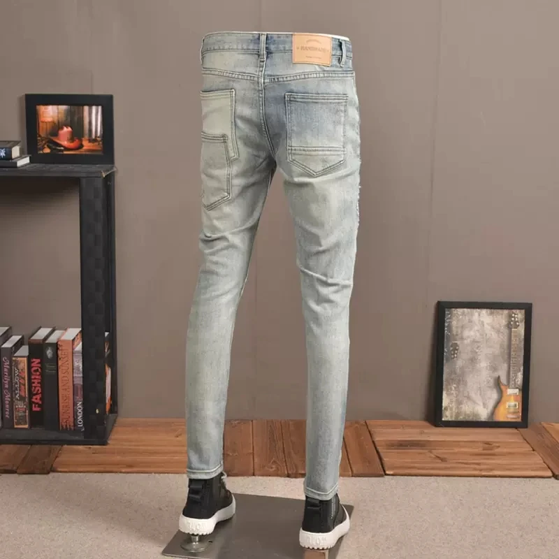 Fashion Streetwear Men Jeans Retro Yellow Blue Stretch Slim Ripped Jeans Men Hole Trousers Patch Designer Hip Hop Pants Hombre