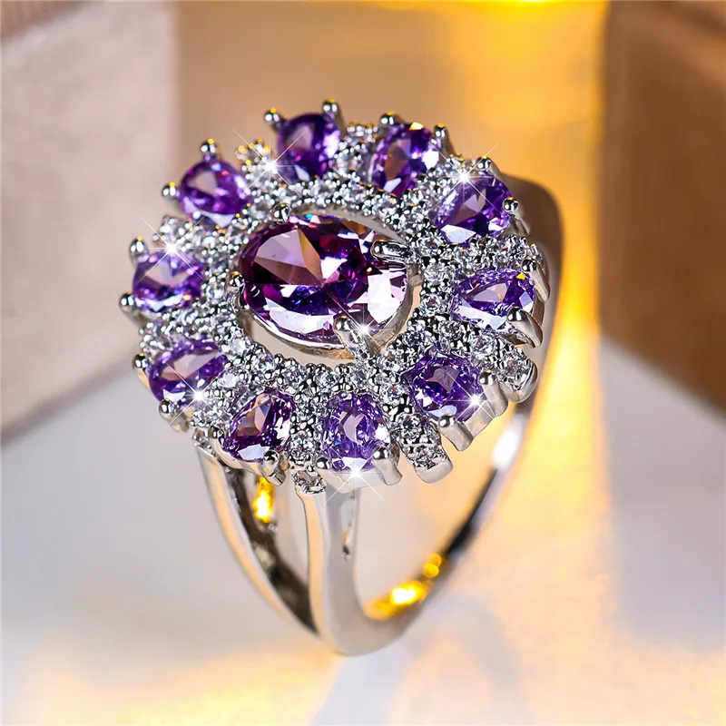 Charm Female Purple Zircon Stone Engagement Ring Silver Color Wedding Jewelry For Women