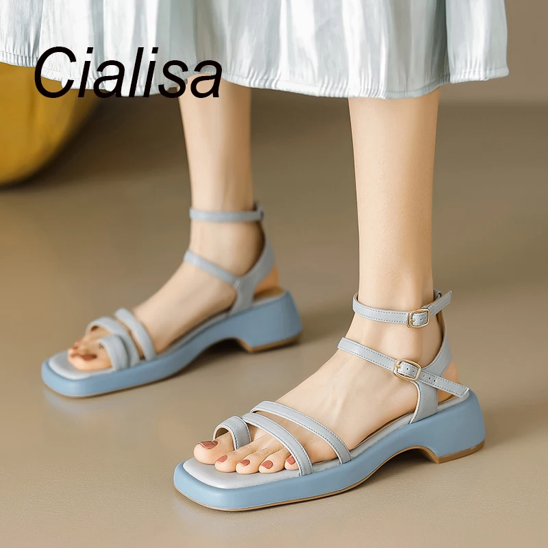 

Cialisa Women Shoes Summer 2023 New Open-Toed Real Leather Sandals Handmade Dress Fashion 4.5cm Mid Heel Daily Ladies Footwear