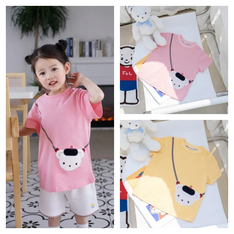 

2023 Summer Bear Shoulder Bag Short Sleeve T-shirts Cute Tees Girls T Shirt Tops Girl Clothes Vetement Enfant Fille Camisetas