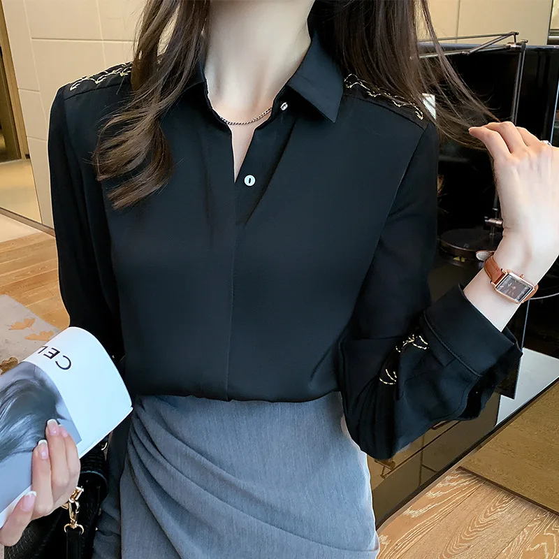 

Bordadopretochiffon blusas mulheres2022senhoras camisas profissionaisfeminino primavera solto escritório trabalho wear topsroupa