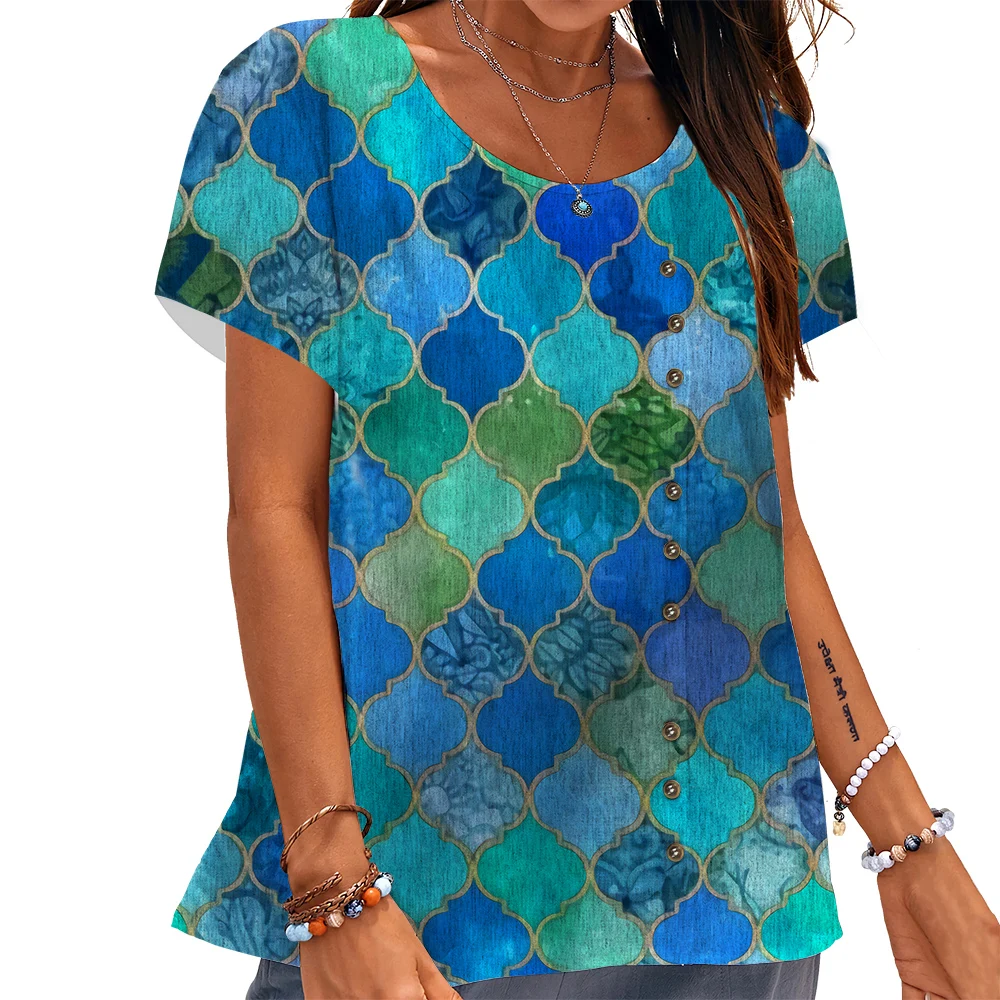 

CLOOCL Vintage Women T-shirt Malachite Green Pattern 3D Printed Tees Button Decorate Short Sleeve Summer Loose Casual Blouse