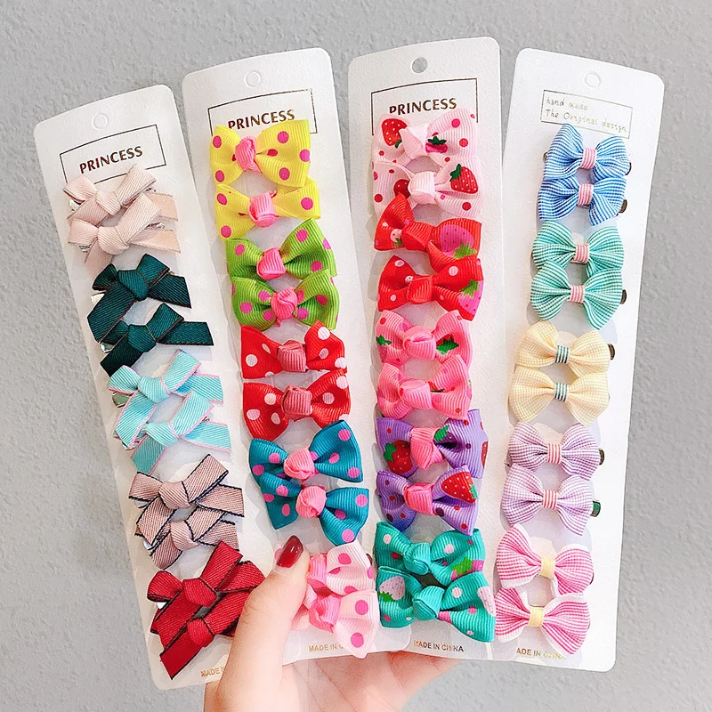 

10PCS Set Cloth Color Dot Striped Plaid Strawberry Bow Hair Clips Baby Girl Kids Cute Kawaii Small Hairpin Fashion Accessories