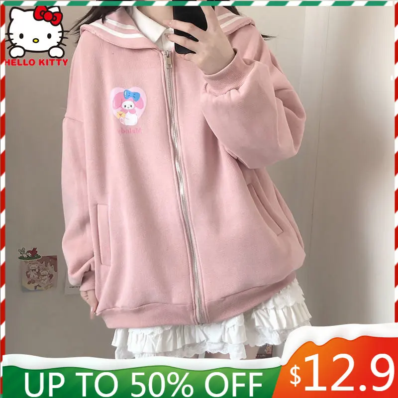 

Женское пальто с капюшоном Hello Kitty Sanrio Kuromi Kawaii с длинным рукавом Свободная аниме мультфильм JK Униформа куртка японский топ для девочек подарок