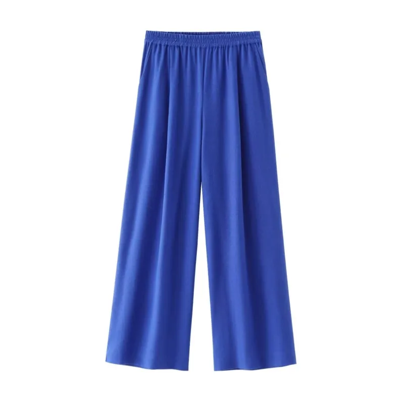 

Pleated Wide Leg Pants For Women's Spring Summer Blue Vintage High Waisted Pocket Bottom Elastic Waist Casual Loose Pants