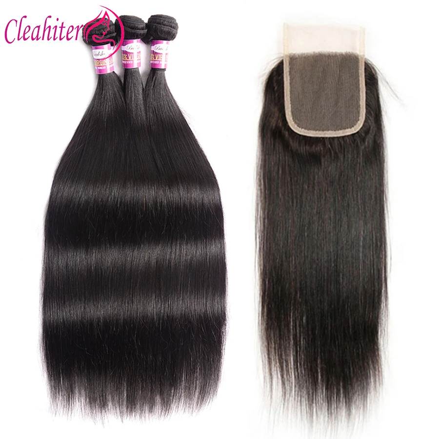 

Bone Straight 3 Bundles With 4x4 Lace Closure 50g/Pc Bundle Raw Indian Hair Double Weft Hair Extension Natural Color