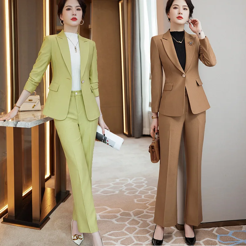 

Green High Sense Suit Women 2023 Autumn Business Attire Korean Style Slim-Fitting Work Clothes Small Suit Two Pieces