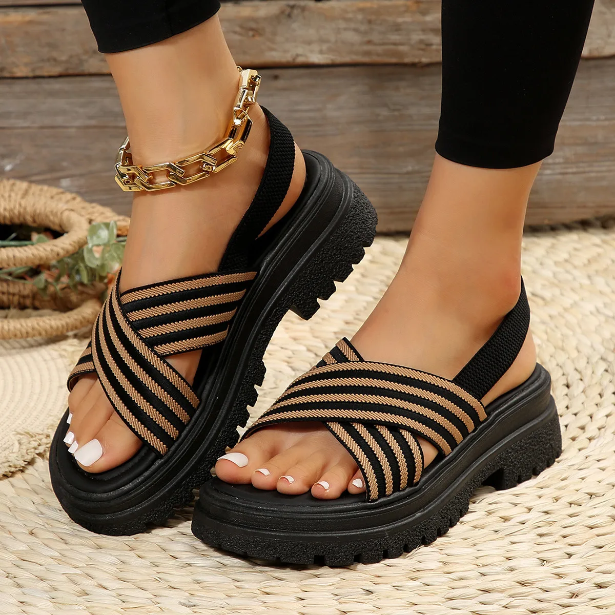 

Women Summer Elastic Band Striped Printing Casual Open Toe Wedges Comfortable Beach Shoes Sandals Shoes Women Sandals Leather